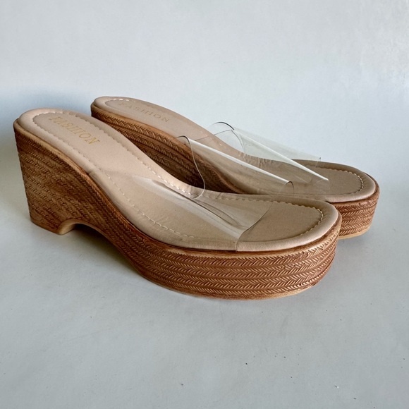 SL Fashions Shoes - SL Fashions Tan Wedge Sandals with Clear Strap